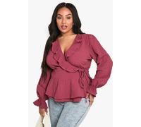 boohoo Women's Plus Textured Tie Detail Wrap Ruffle Blouse in Dusty Rose | Size: 24