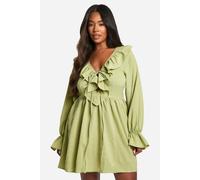 boohoo Women's Plus Textured Woven Frill Skater Dress in Olive | Size: 26
