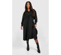 boohoo Women's Plus Textured Woven Tie Front Midi Shirt Dress in Black | Size: 18