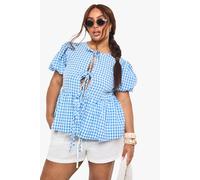 boohoo Women's Plus Tie Front Gingham Top in Blue | Size: 18