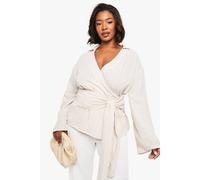 boohoo Women's Plus Tie Front Stripe Blouse in Stone | Size: 26