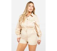 boohoo Women's Plus Utility Long Sleeved Playsuit in Stone | Size: 28