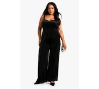 boohoo Women's Plus Velvet Corset Wide Leg Jumpsuit in Black | Size: 16