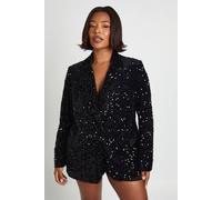 boohoo Women's Plus Velvet Sequin Blazer in Black | Size: 28