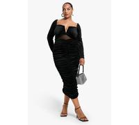 boohoo Women's Plus Velvet Sheer Detailed Long Sleeve Midi Dress in Black | Size: 24