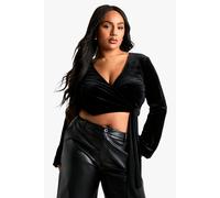 boohoo Women's Plus Velvet Wrap Tie Top in Black | Size: 22