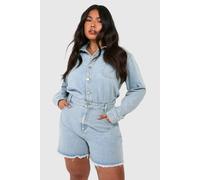 boohoo Women's Plus Washed Denim Playsuit in Light Blue | Size: 28