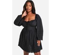 boohoo Women's Plus Woven Broderie Tie Detail Milkmaid Mini Dress in Black | Size: 16