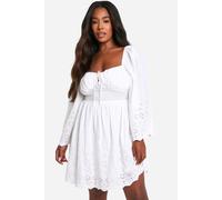 boohoo Women's Plus Woven Broderie Tie Detail Milkmaid Mini Dress in White | Size: 22