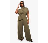 boohoo Women's Plus Woven Drape Blouse & Trouser Co-Ord in Khaki | Size: 20