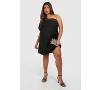 boohoo Women's Plus Woven Embroidery Detail One Shoulder Mini Dress in Black | Size: 18