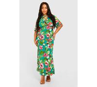 boohoo Women's Plus Woven Floral Print Plunge Long Sleeve Midaxi Dress in Green | Size: 24