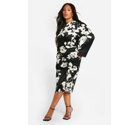 boohoo Women's Plus Woven Floral Ruched Midi Dress in Black | Size: 26