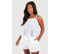 boohoo Women's Plus Woven Pinstripe Tie Strap Frill Hem Top in Blue | Size: 28