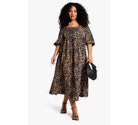 boohoo Women's Plus Woven Puff Sleeve Tie Back Smock Dress in Leopard | Size: 16