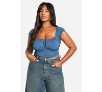 boohoo Women's Plus Woven Stretch Ruched Cap Sleeve Corset Top in Blue | Size: 28