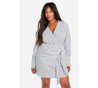 boohoo Women's Plus Woven Stripe Wrap Shirt Dress in White | Size: 28