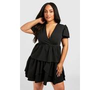 boohoo Women's Plus Woven Textured Ruffle Skater Dress in Black | Size: 28