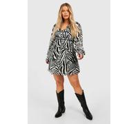 boohoo Women's Plus Woven Zebra Print Ruffle Detail Long Sleeve Mini Dress in Mono | Size: 28
