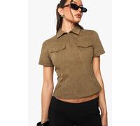 boohoo Women's Pocket Detail Zip Trough Twill Fitted Shirt in Olive | Size: 12