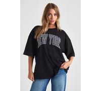 boohoo Women's Polka Dot New York Printed Oversized T-Shirt in Black | Size: XS