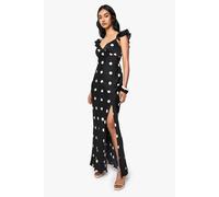 boohoo Women's Polka Dot Satin Frill Sleeve Split Maxi Dress in Black | Size: 12