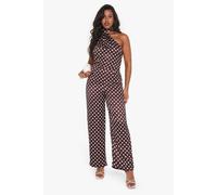 boohoo Women's Polka Dot Satin Scarf Detail Jumpsuit in Chocolate | Size: 10