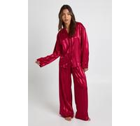 Boohoo Premium Jacquard Satin Oversized Long Sleeve Shirt & Trouser Pyjama Set In Burgundy burgundy 10