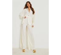 boohoo Women's Premium Plisse Flared Hem Trousers in Ecru | Size: 10