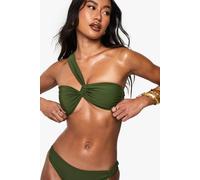 boohoo Women's Premium Satin Asymmetric Halterneck Bandeau Bikini Top in Khaki | Size: 16