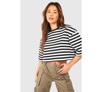 boohoo Women's Premium Stripe Terry Crop T-Shirt in Black | Size: 10