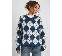 boohoo Women's Premium Super Soft Brushed Knit V Neck Argyle Oversized Jumper in Navy | Size: Medium