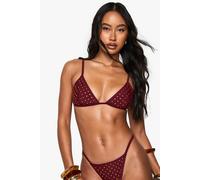 boohoo Women's Premium Swim Hot Fix Diamante Fixed Triangle Bikini Top in Burgundy | Size: 14