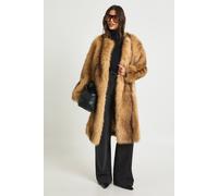 boohoo Women's Premium Vintage Look Collarless Fur Maxi Coat in Biscuit | Size: 16