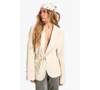 boohoo Women's Premium Woven Oversized Cinched Waist Belted Blazer in Ivory | Size: 10