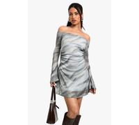 boohoo Women's Printed Bardot Ruched Mini Dress in Grey | Size: 14