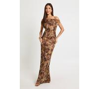 boohoo Women's Printed Hot Fix Sequin Bardot Puddle Hem Maxi Dress in Brown | Size: 14