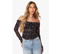boohoo Women's Printed Mesh Bardot Ruched Top in Black | Size: 8