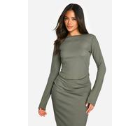 boohoo Women's Rib Crew Neck Long Sleeve Dip Hem Top in Khaki | Size: 14
