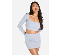 boohoo Women's Rib Distressed Scoop Neck Long Sleeve Top in Grey Marl | Size: 12