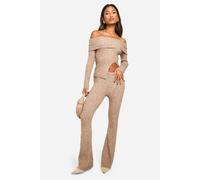 boohoo Women's Rib Knit Bardot Split Hem Top & Flare Trouser Co-Ord in Oatmeal | Size: Large