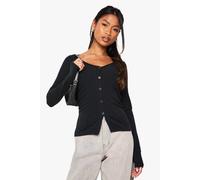 boohoo Women's Rib Lace Trim Button Up Ruched Sid Long Sleeve Top in Black | Size: 16