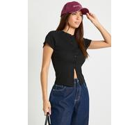 boohoo Women's Rib Lace Trim Detail Cap Sleeve Top in Black | Size: 14