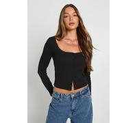 boohoo Women's Rib Lace Trim Detail Scoop Neck Button Through in Black | Size: 12