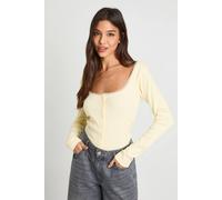 boohoo Women's Rib Lace Trim Detail Scoop Neck Button Through in Lemon | Size: 8