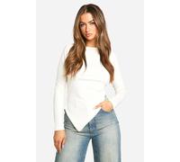boohoo Women's Rib Slash Neck Asym Hem Top in Cream | Size: 8