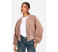 boohoo Women's Rib Teddy Bomber Jacket in Mushroom | Size: 10