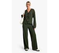 boohoo Women's Rib Tie Front Blouse & Trouser Co-Ord in Khaki | Size: 10