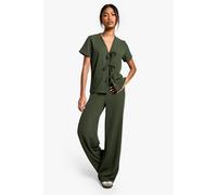 boohoo Women's Rib Tie Front Short Sleeve Top & Trouser Co-Ord in Khaki | Size: 6