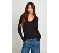 boohoo Women's Ribbed Built In Bra Long Sleeve V Neck Top in Black | Size: 14